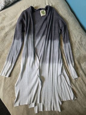 Ombre Long Ribbed Open Cardigan - Gray/White